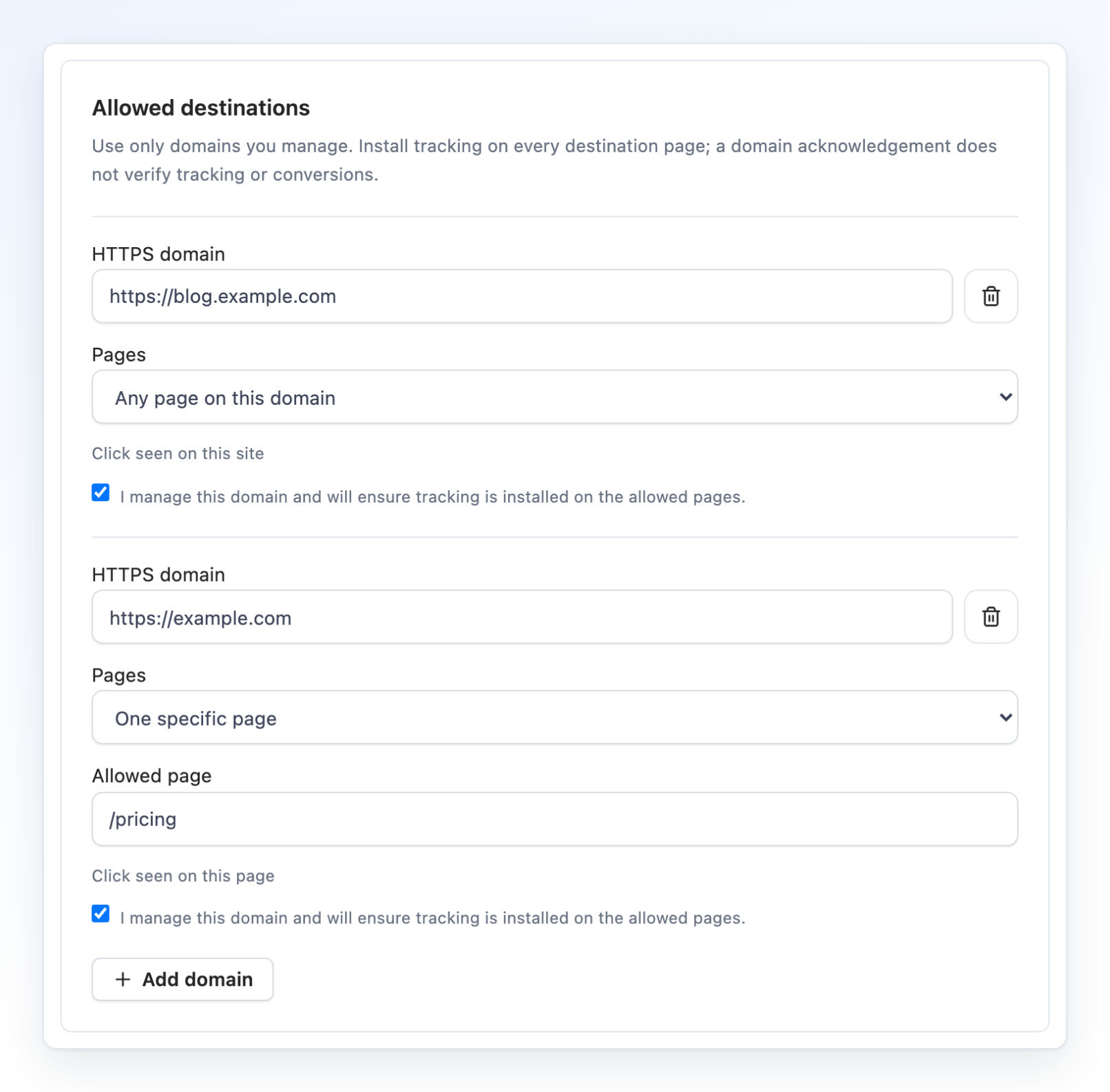 Allowed destinations with https://blog.example.com on Any page on this domain and https://example.com on One specific page, Allowed page /pricing